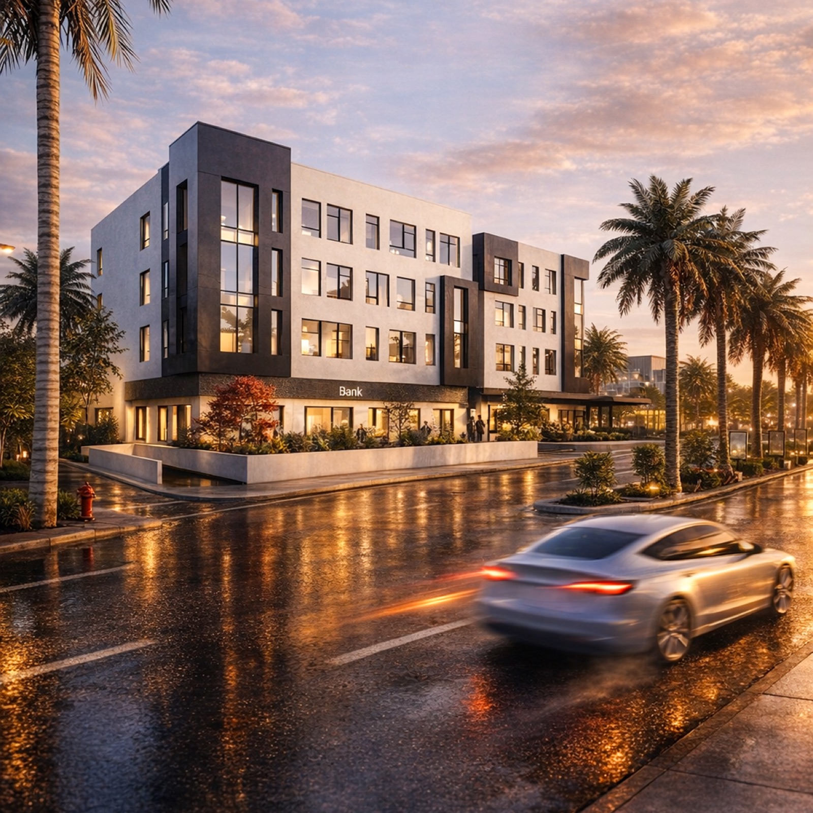 Pulse Medical Hub — side elevation at golden hour
